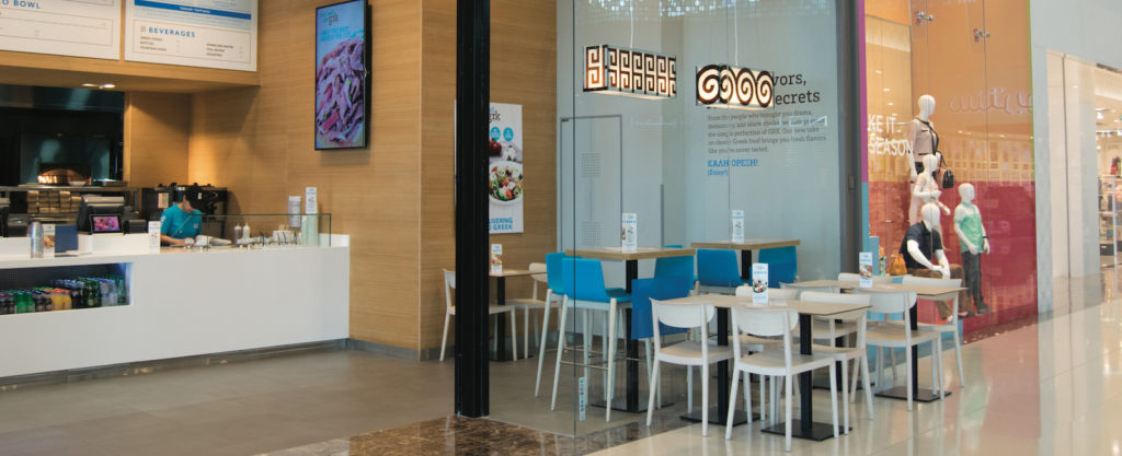 Fresh Greek restaurant dining area.