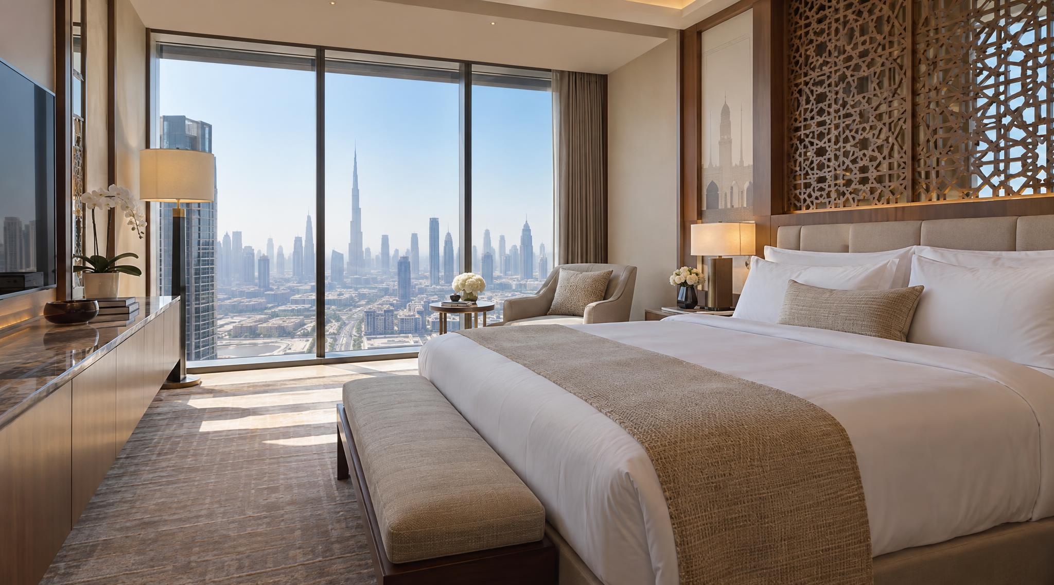 A modern hotel room in Dubai with a king bed, a lounge chair and a view of the city skyline.