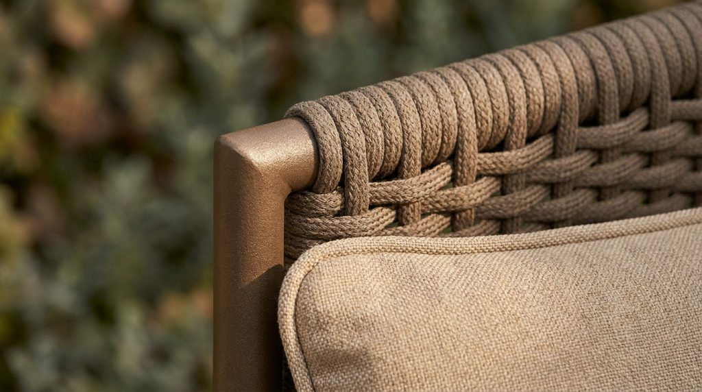 Close up of a powder coated aluminium frame and technical rope weave