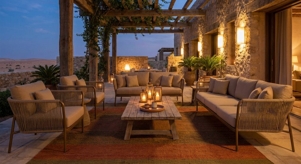 Shaded majlis style terrace lounge at dusk with rope woven seating