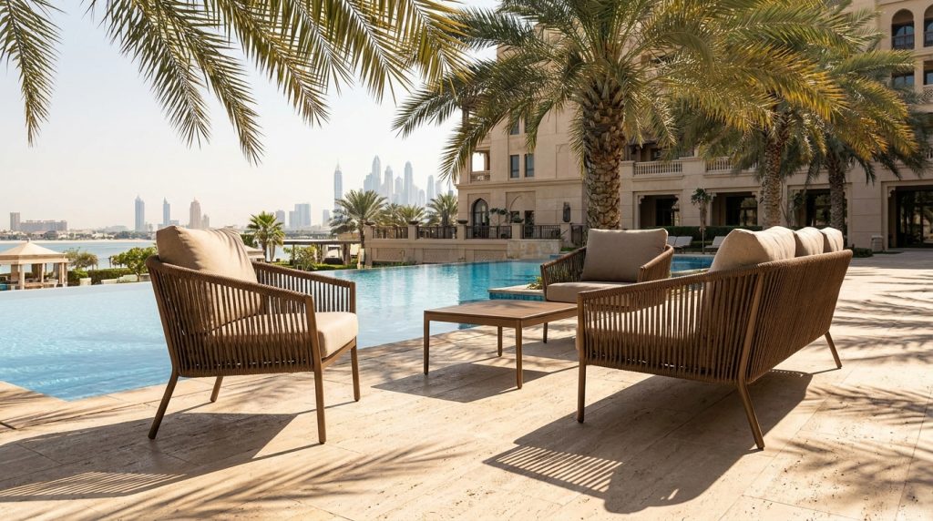 Woven armchairs beside a luxury hotel pool under strong Gulf sun