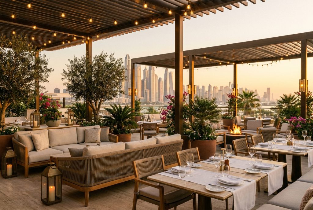 A styled outdoor terrace set for cooler season alfresco dining